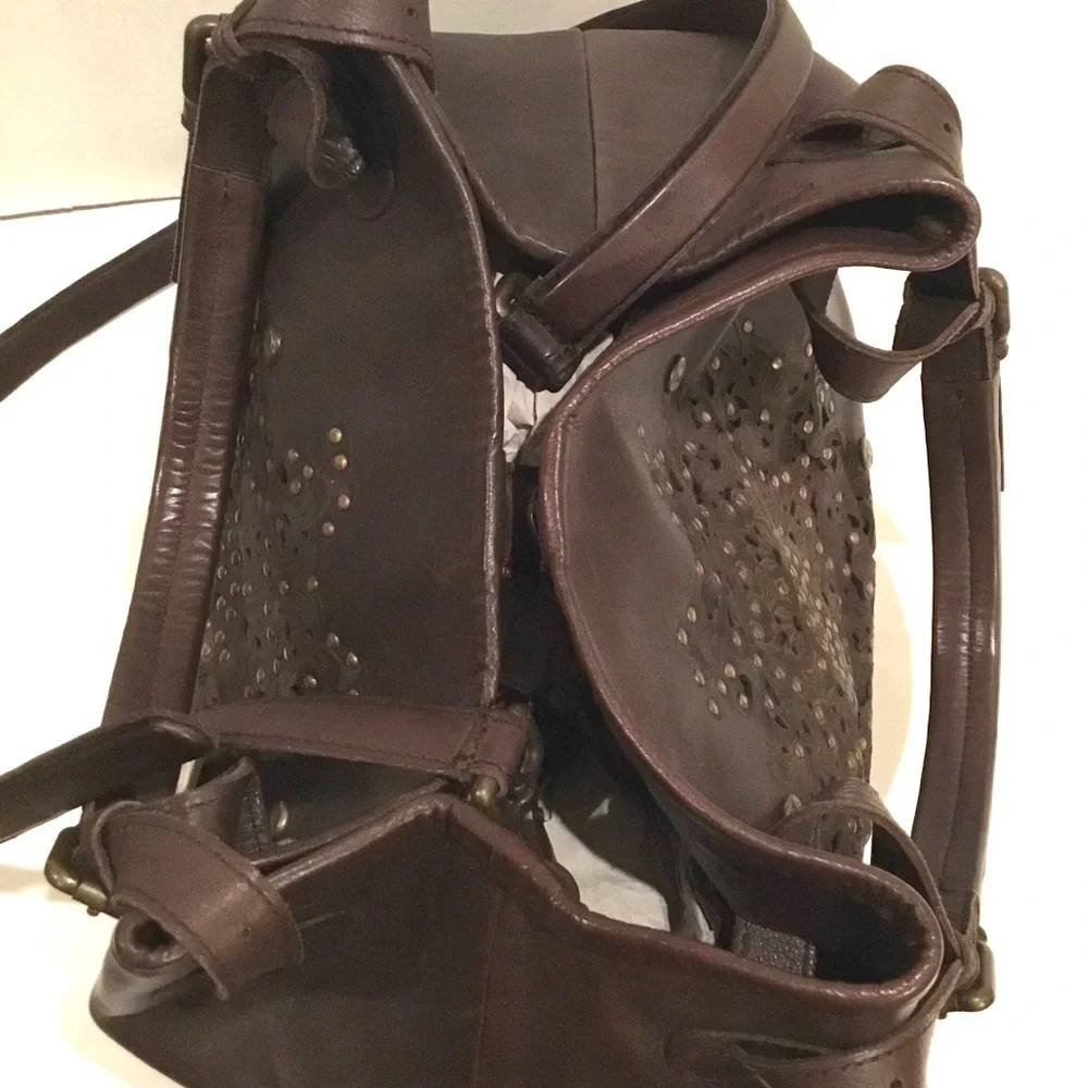 🆕 Platania Brown Italian Leather Large Satchel Slouchy Bag  Stud Details